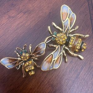 Gold Tone Bumblebee Brooch Duo with Amber Rhinestones